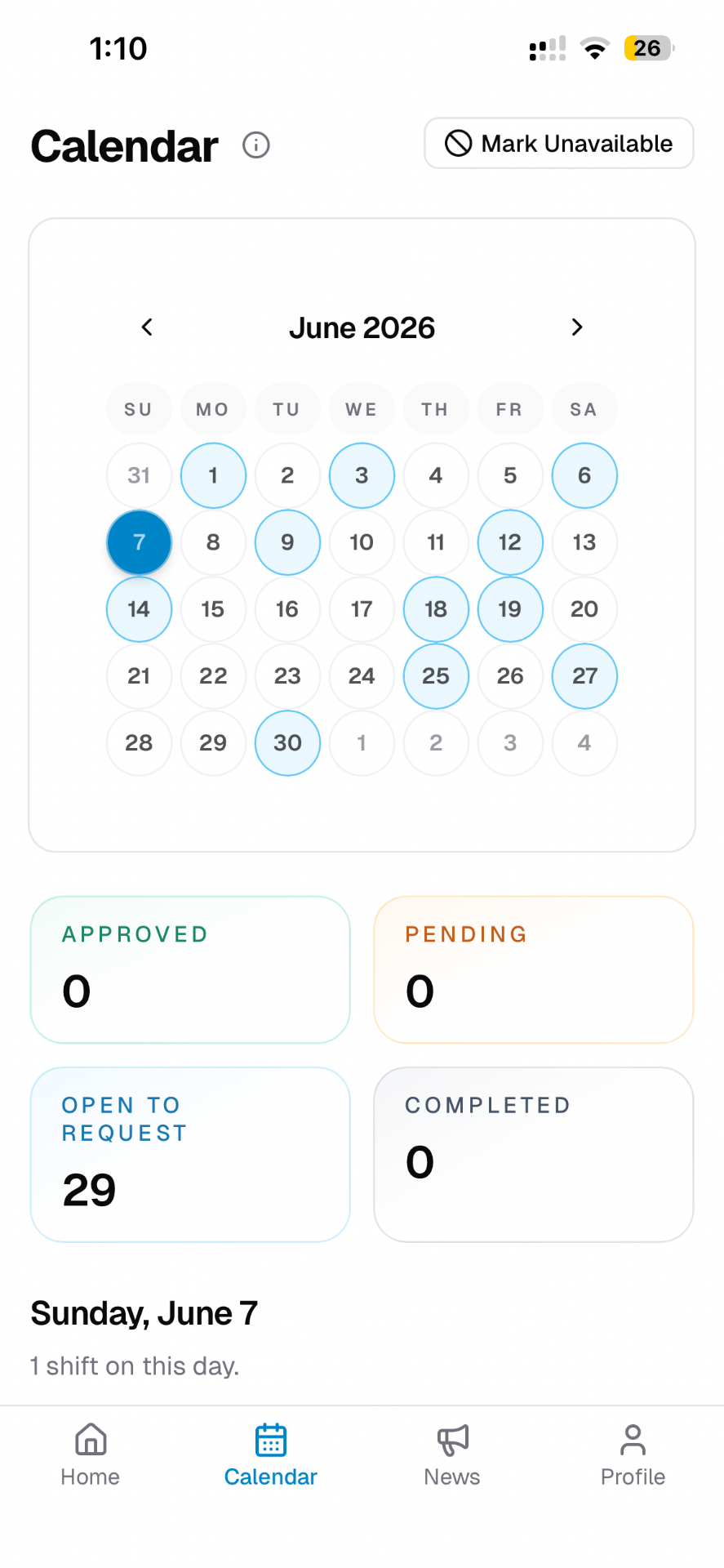 Calendar mobile screen