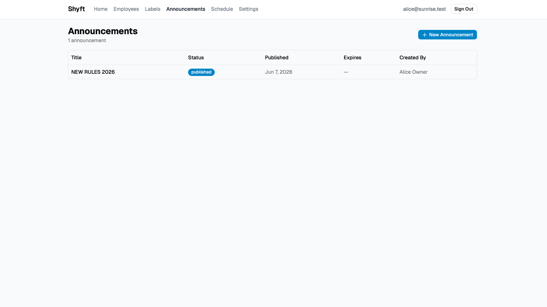 Announcements screenshot