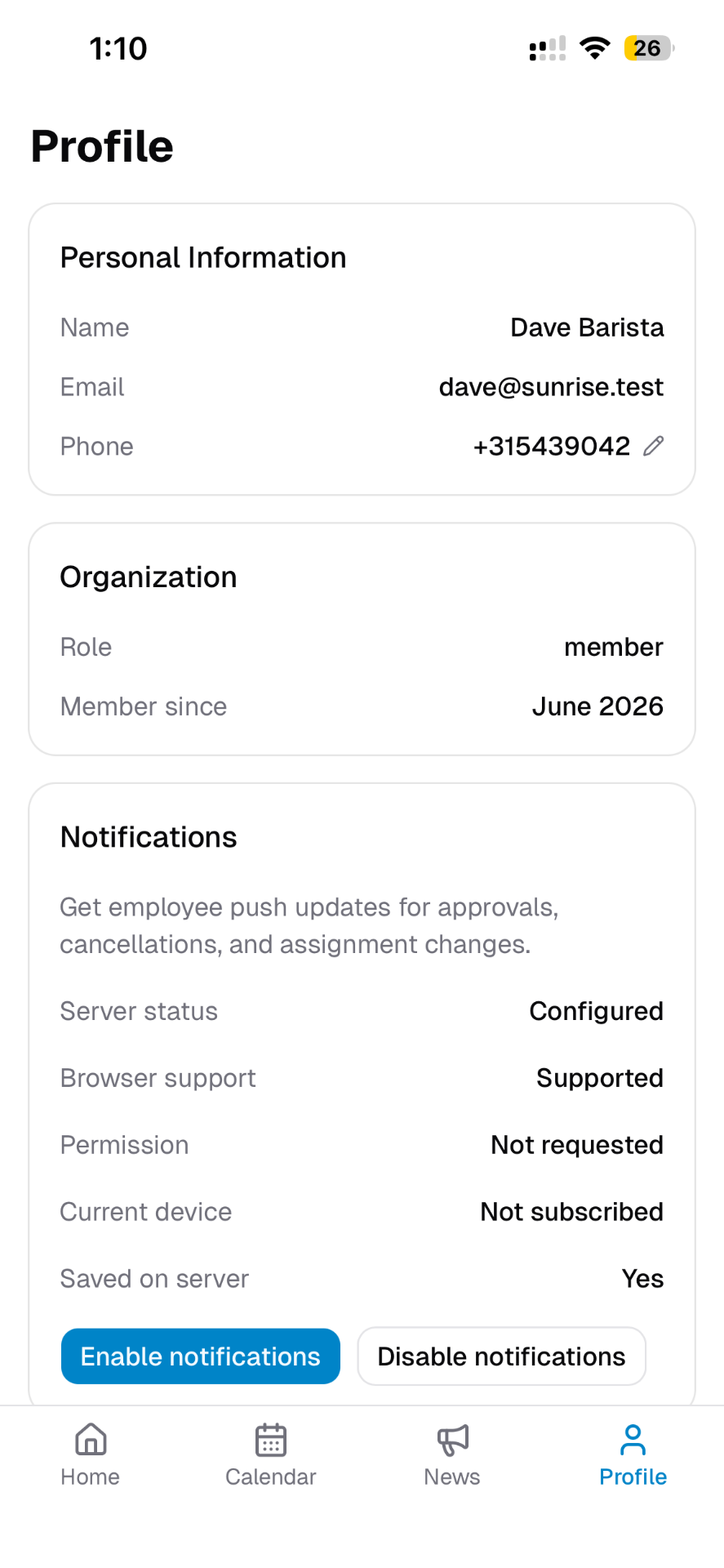 Profile mobile screen