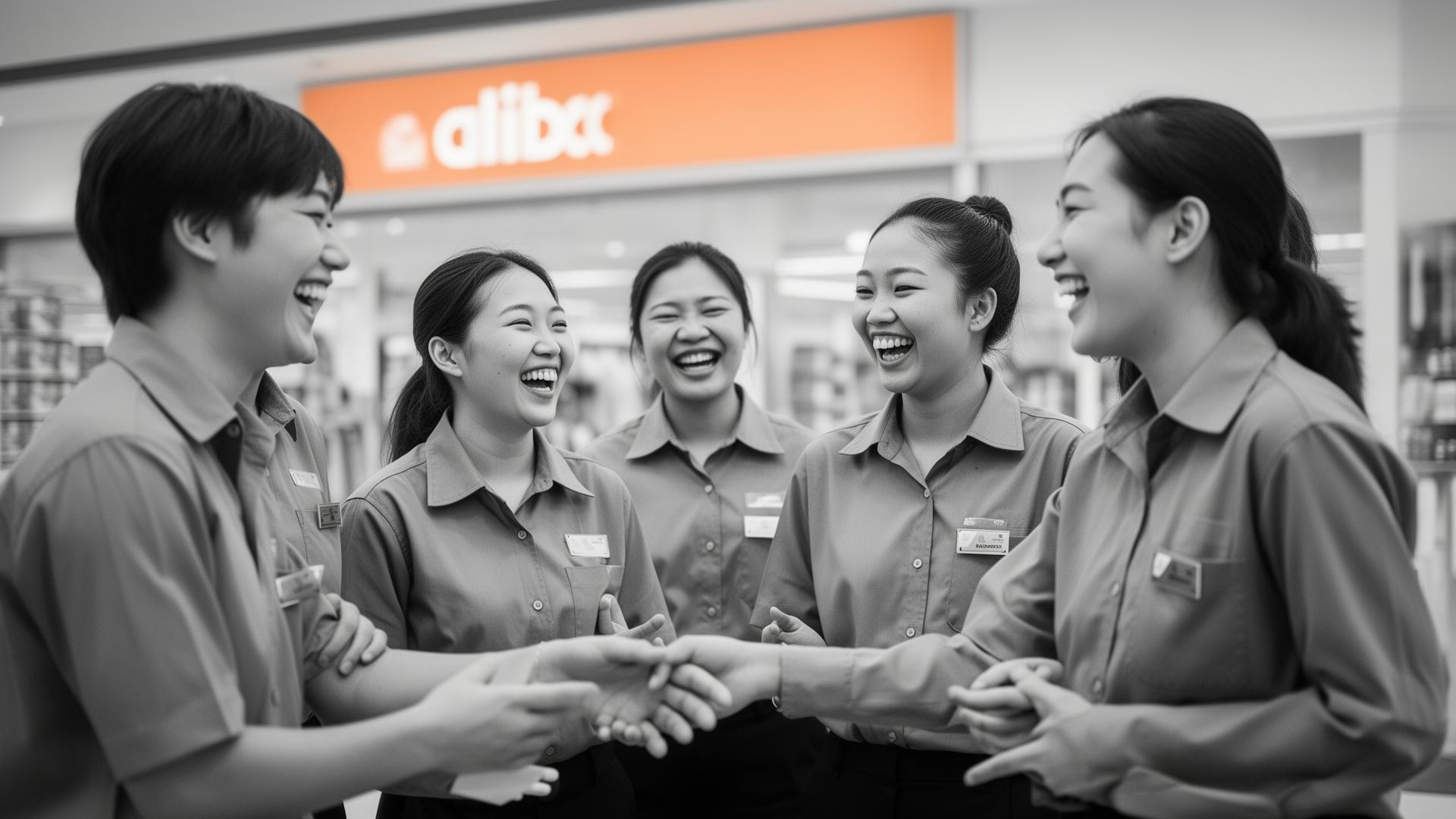 Retail team laughing together during a shift handover